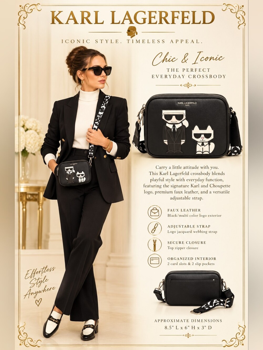 Karl Lagerfeld Black Camera Bag Iconic Karl &Choupette Cat Guitar Strap Bag NWOT